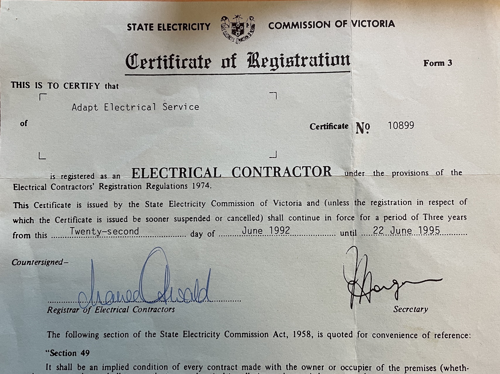 Old certificate of Registration